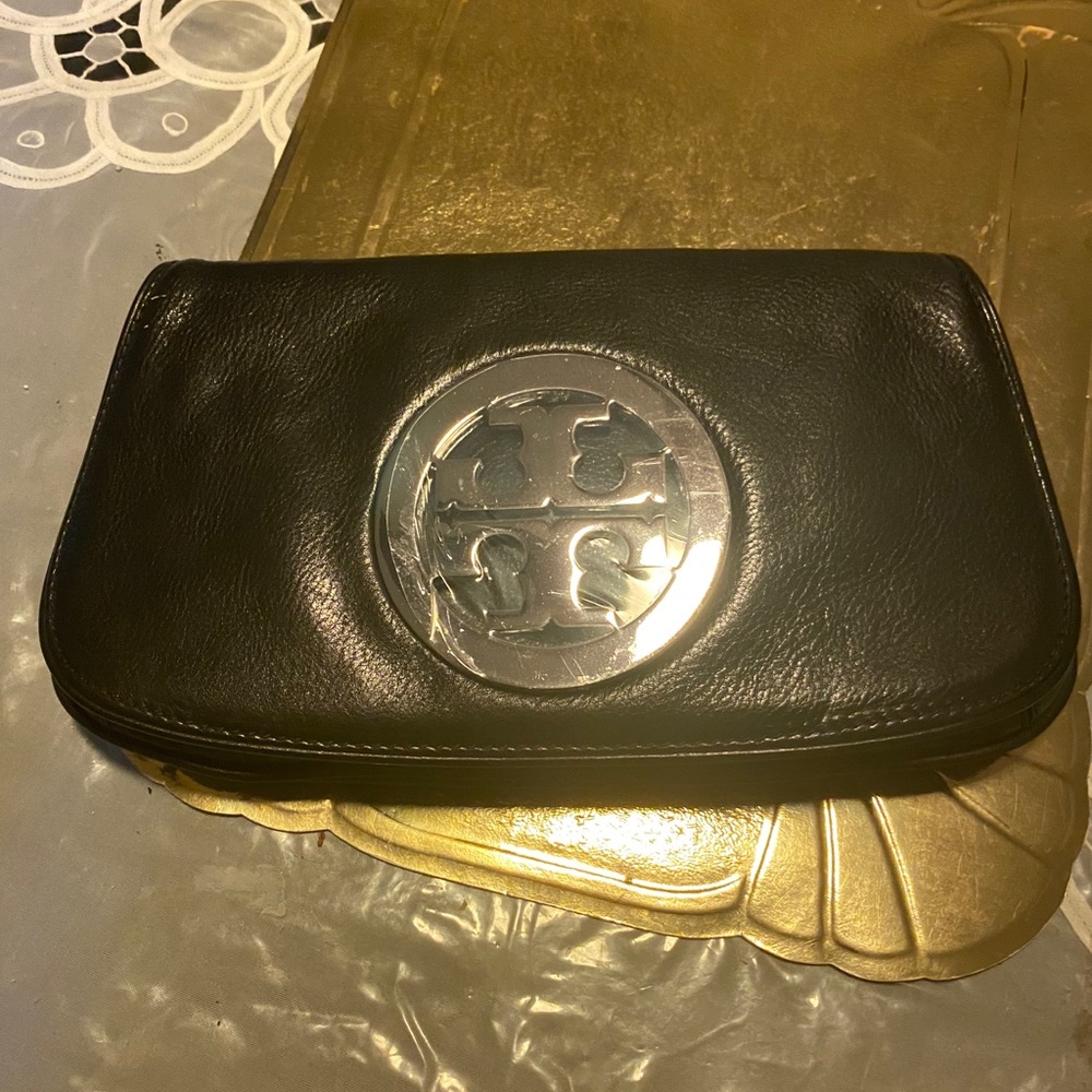 Tory Burch black leather logo crossbody / clutch.